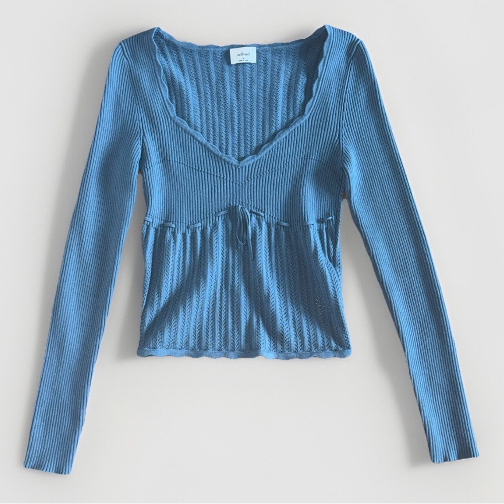Aritzia Wilfred Sky Blue Ribbed V-Neck Long Sleeve Top